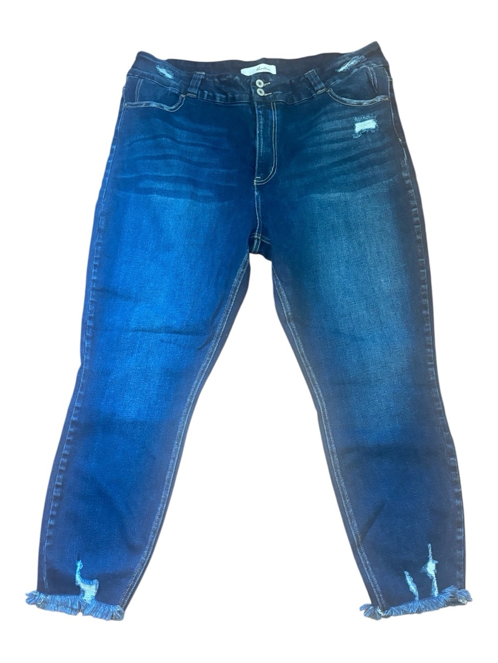 KanCan Women's Dark Blue Cropped Frayed Hem Jeans